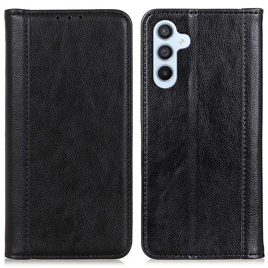 For Samsung Galaxy M35 5G Stand Case Split Leather Litchi Texture Wallet Phone Cover - Black