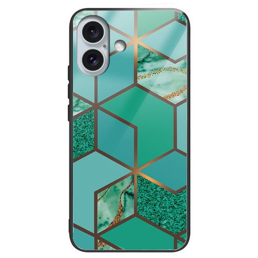 For iPhone 16 Plus Case Artistic Marble Pattern Anti-Drop Tempered Glass Phone Cover - Style C
