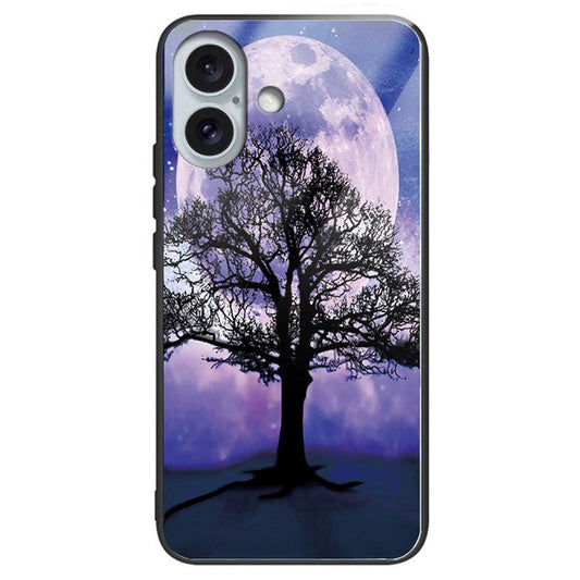 For iPhone 16 Plus Case Tempered Glass+TPU Phone Cover Pattern Printing - Tree and Moon