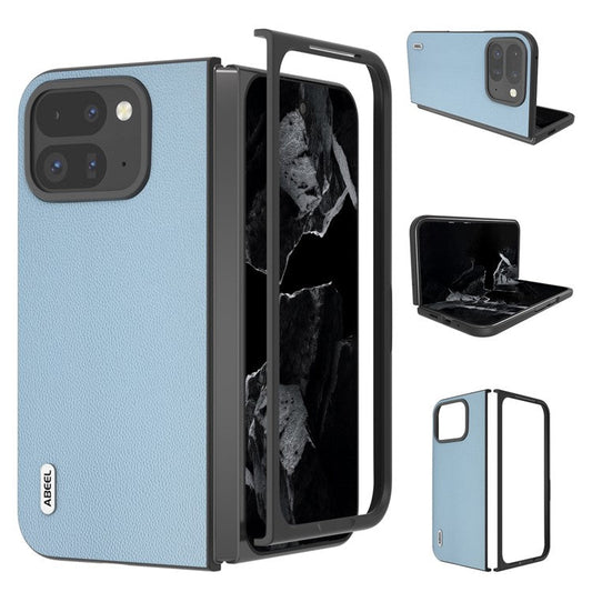 ABEEL For Google Pixel Fold 2 Case Genuine Cow Leather PC Phone Cover Black Edge - Sky Blue