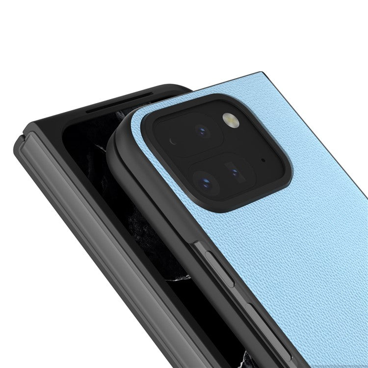 ABEEL For Google Pixel Fold 2 Case Genuine Cow Leather PC Phone Cover Black Edge - Sky Blue