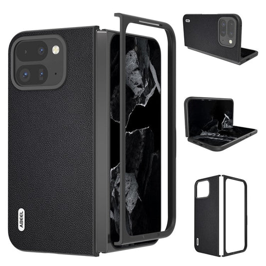ABEEL For Google Pixel Fold 2 Case Genuine Cow Leather PC Phone Cover Black Edge - Black