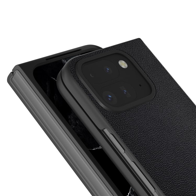 ABEEL For Google Pixel Fold 2 Case Genuine Cow Leather PC Phone Cover Black Edge - Black