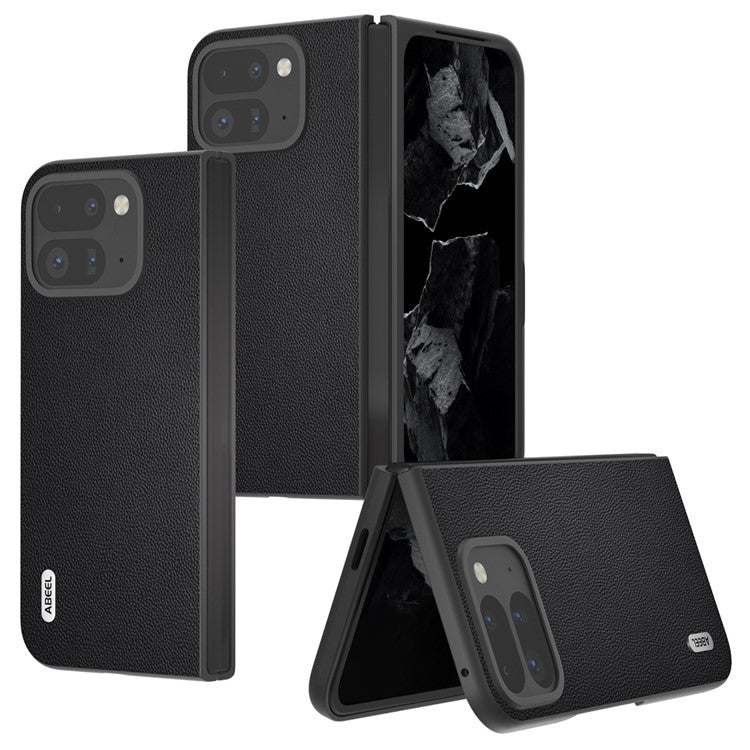 ABEEL For Google Pixel Fold 2 Case Genuine Cow Leather PC Phone Cover Black Edge - Black