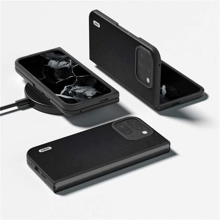 ABEEL For Google Pixel Fold 2 Case Genuine Cow Leather PC Phone Cover Black Edge - Black