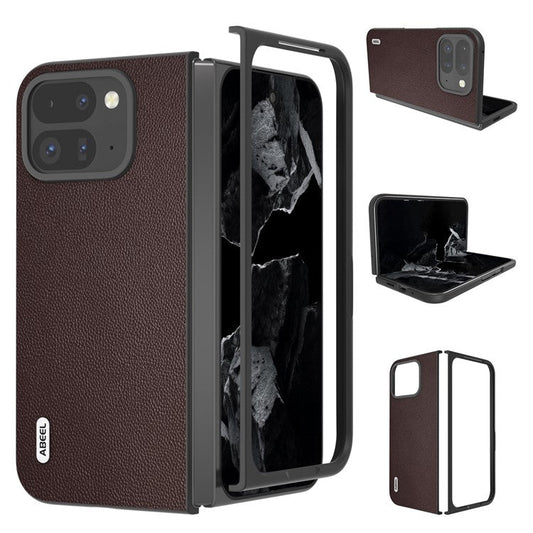 ABEEL For Google Pixel Fold 2 Case Genuine Cow Leather PC Phone Cover Black Edge - Coffee