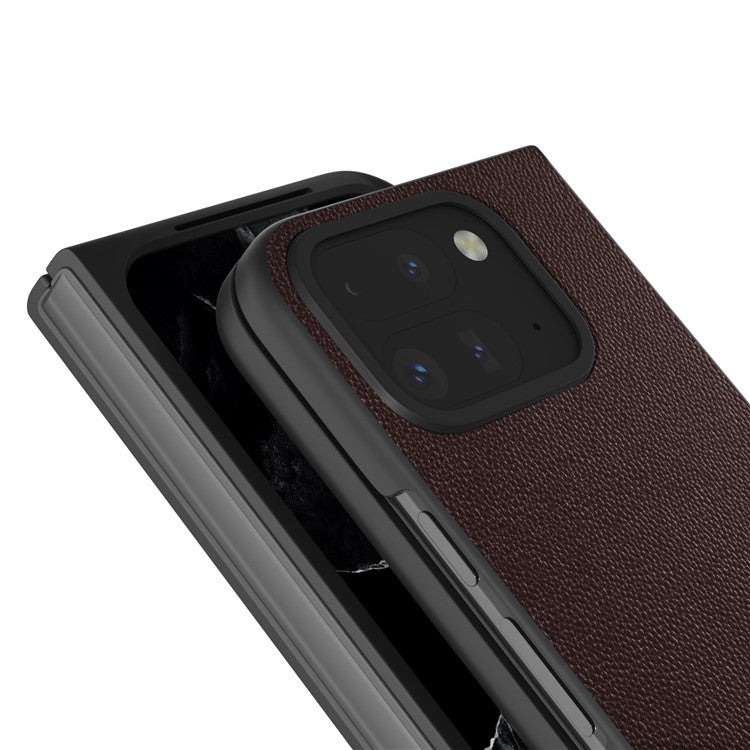 ABEEL For Google Pixel Fold 2 Case Genuine Cow Leather PC Phone Cover Black Edge - Coffee
