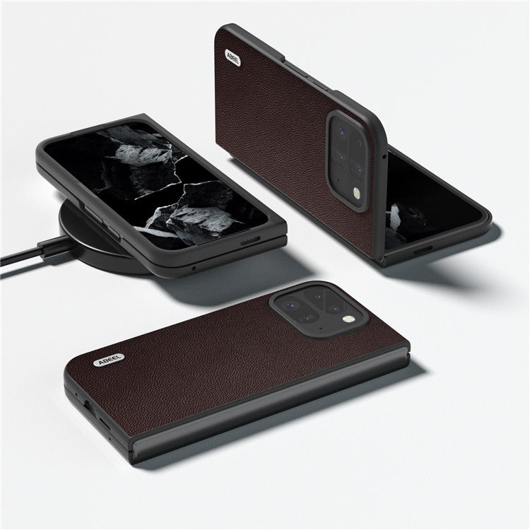 ABEEL For Google Pixel Fold 2 Case Genuine Cow Leather PC Phone Cover Black Edge - Coffee