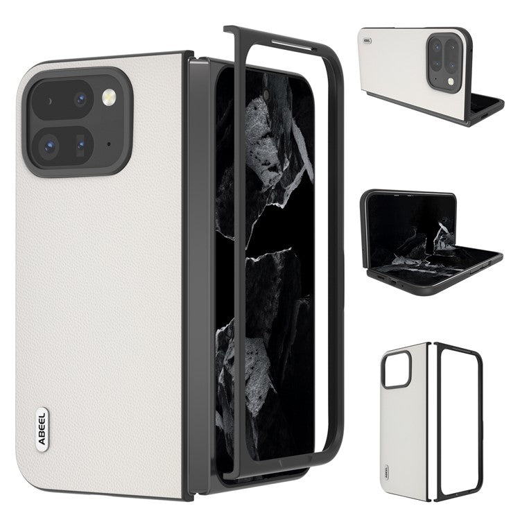 ABEEL For Google Pixel Fold 2 Case Genuine Cow Leather PC Phone Cover Black Edge - White