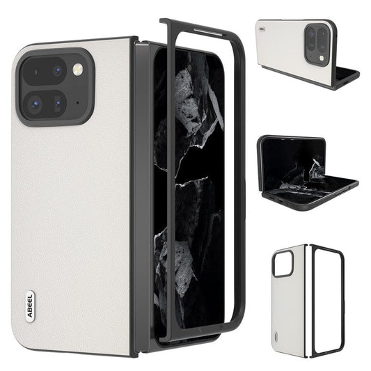 ABEEL For Google Pixel Fold 2 Case Genuine Cow Leather PC Phone Cover Black Edge - White