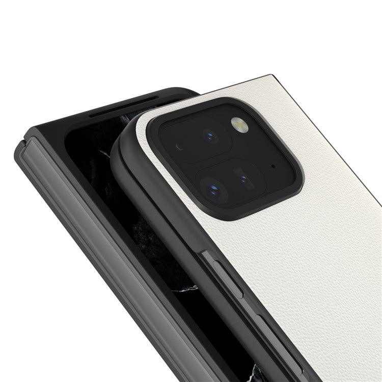 ABEEL For Google Pixel Fold 2 Case Genuine Cow Leather PC Phone Cover Black Edge - White