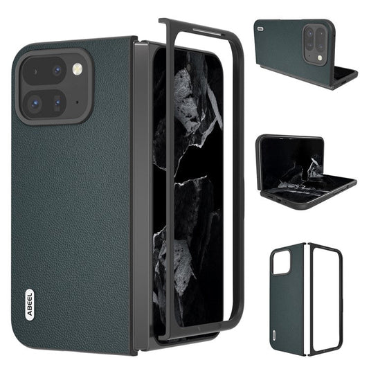 ABEEL For Google Pixel Fold 2 Case Genuine Cow Leather PC Phone Cover Black Edge - Green