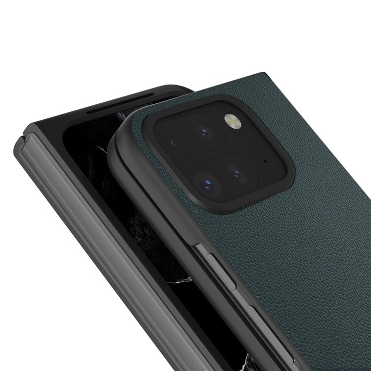 ABEEL For Google Pixel Fold 2 Case Genuine Cow Leather PC Phone Cover Black Edge - Green