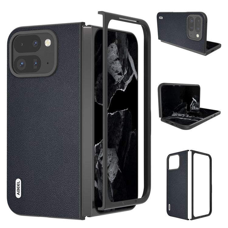 ABEEL For Google Pixel Fold 2 Case Genuine Cow Leather PC Phone Cover Black Edge - Blue
