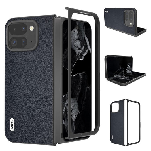 ABEEL For Google Pixel Fold 2 Case Genuine Cow Leather PC Phone Cover Black Edge - Blue