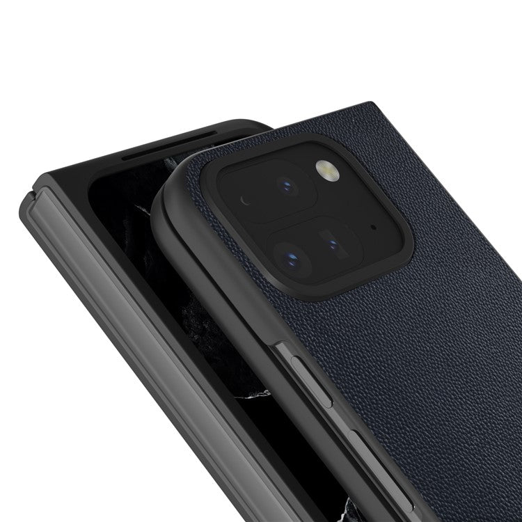 ABEEL For Google Pixel Fold 2 Case Genuine Cow Leather PC Phone Cover Black Edge - Blue