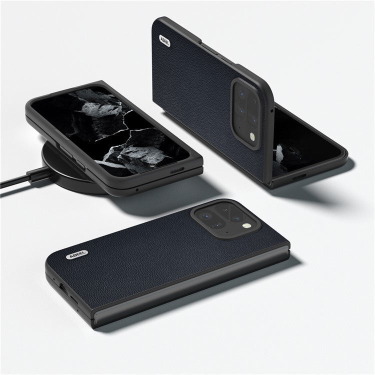 ABEEL For Google Pixel Fold 2 Case Genuine Cow Leather PC Phone Cover Black Edge - Blue