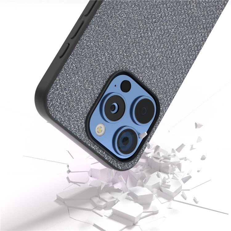 For iPhone 16 Pro Case Glitter Rhinestone Texture Leather+PC Phone Cover - Grey