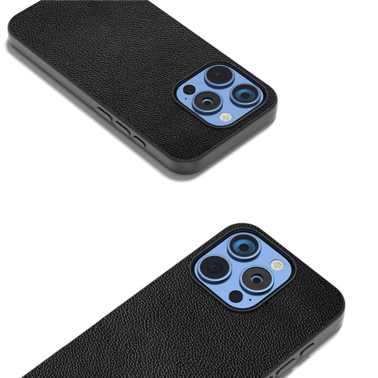 ABEEL For iPhone 16 Pro Case Litchi Texture Genuine Cow Leather+PC Phone Cover - Black