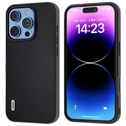 ABEEL For iPhone 16 Pro Case Genuine Cow Leather PC Phone Cover - Black