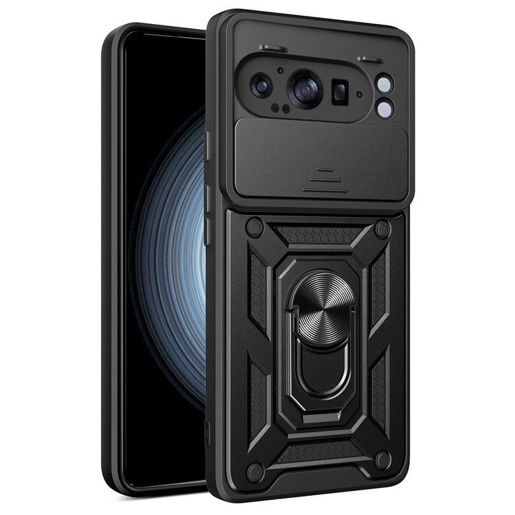 For Google Pixel 9 Pro XL Case with Slide Camera Lid PC+TPU Kickstand Phone Cover - Black