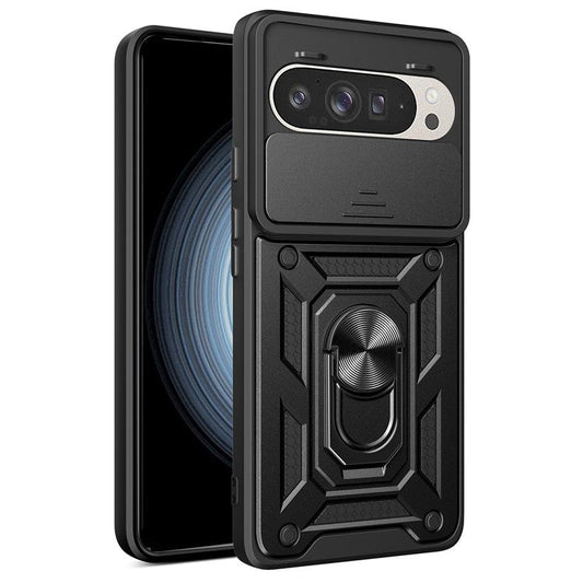 For Google Pixel 9 Pro  /  Pixel 9 Case with Slide Camera Lid PC+TPU Kickstand Phone Cover - Black