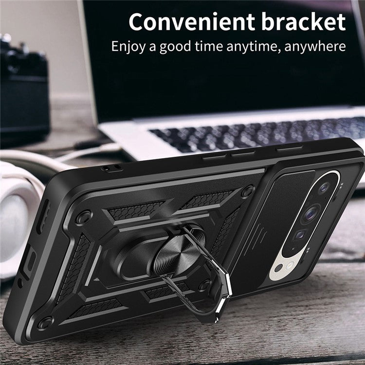 For Google Pixel 9 Pro  /  Pixel 9 Case with Slide Camera Lid PC+TPU Kickstand Phone Cover - Black