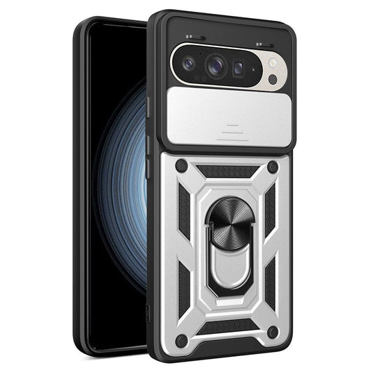 For Google Pixel 9 Pro  /  Pixel 9 Case with Slide Camera Lid PC+TPU Kickstand Phone Cover - Silver