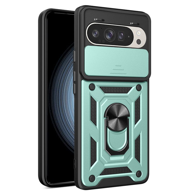 For Google Pixel 9 Pro  /  Pixel 9 Case with Slide Camera Lid PC+TPU Kickstand Phone Cover - Green