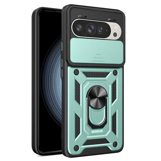 For Google Pixel 9 Pro  /  Pixel 9 Case with Slide Camera Lid PC+TPU Kickstand Phone Cover - Green