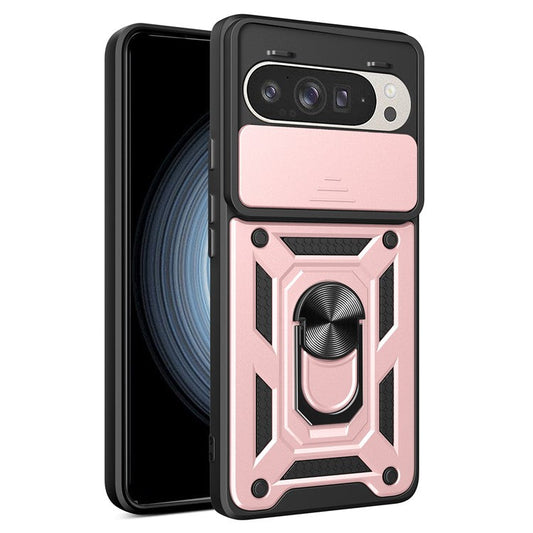 For Google Pixel 9 Pro  /  Pixel 9 Case with Slide Camera Lid PC+TPU Kickstand Phone Cover - Rose Gold