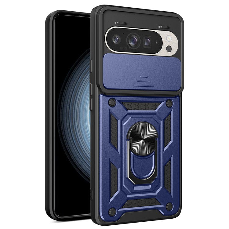 For Google Pixel 9 Pro  /  Pixel 9 Case with Slide Camera Lid PC+TPU Kickstand Phone Cover - Blue