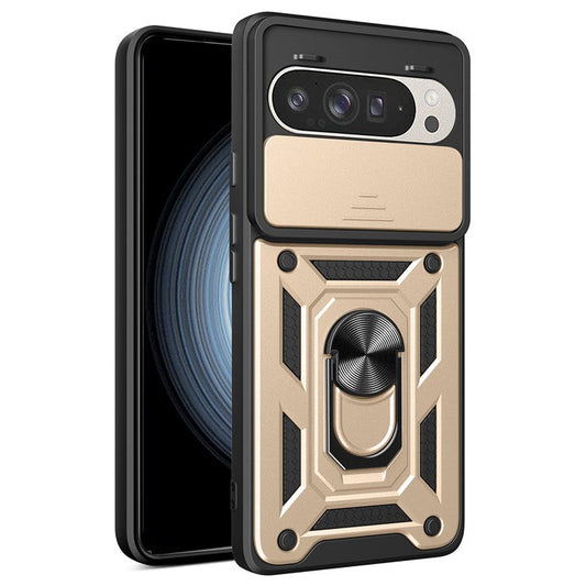 For Google Pixel 9 Pro  /  Pixel 9 Case with Slide Camera Lid PC+TPU Kickstand Phone Cover - Gold