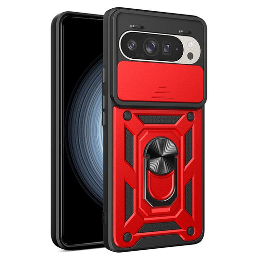For Google Pixel 9 Pro  /  Pixel 9 Case with Slide Camera Lid PC+TPU Kickstand Phone Cover - Red