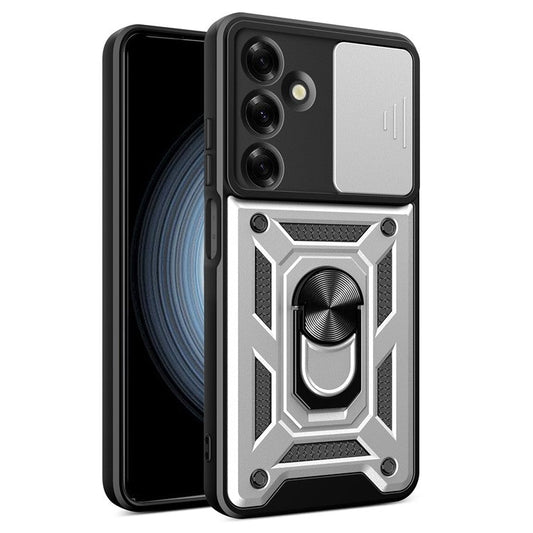 For Samsung Galaxy M35 5G Case with Slide Camera Lid PC+TPU Kickstand Phone Cover - Silver