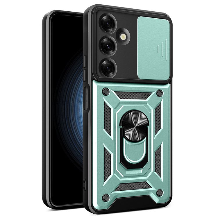 For Samsung Galaxy M35 5G Case with Slide Camera Lid PC+TPU Kickstand Phone Cover - Green