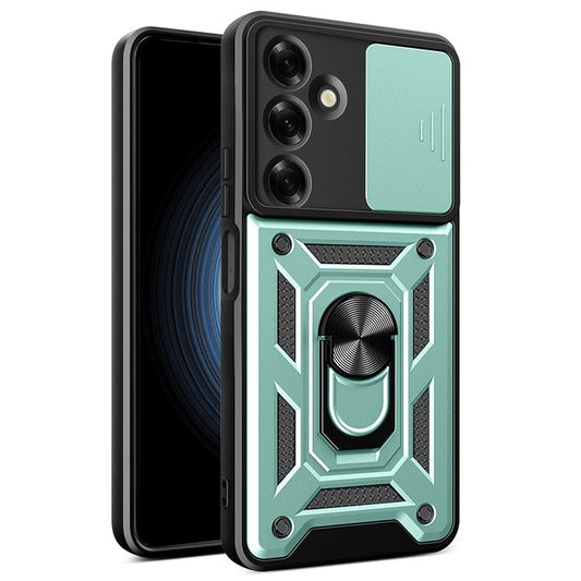 For Samsung Galaxy M35 5G Case with Slide Camera Lid PC+TPU Kickstand Phone Cover - Green