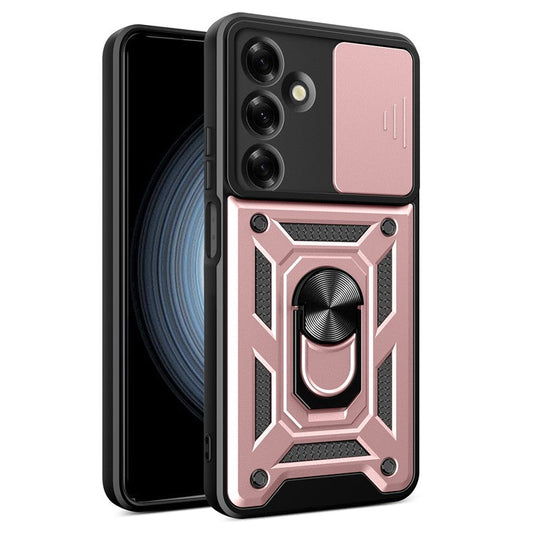For Samsung Galaxy M35 5G Case with Slide Camera Lid PC+TPU Kickstand Phone Cover - Rose Gold