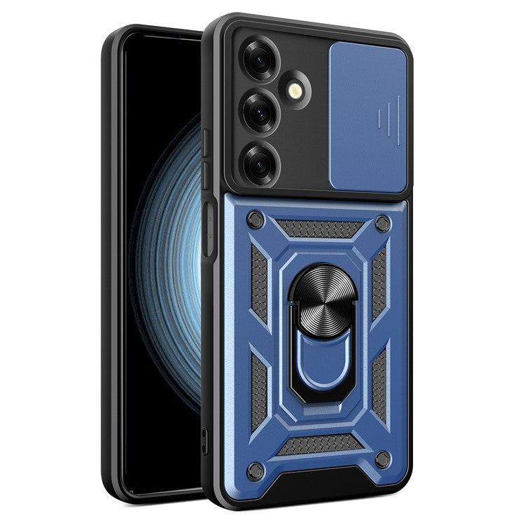 For Samsung Galaxy M35 5G Case with Slide Camera Lid PC+TPU Kickstand Phone Cover - Blue