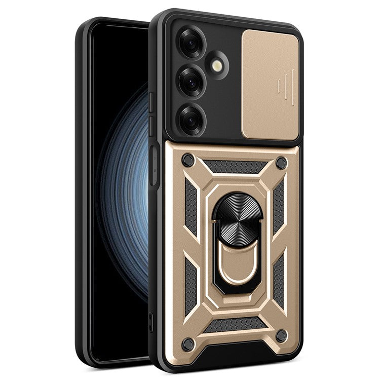 For Samsung Galaxy M35 5G Case with Slide Camera Lid PC+TPU Kickstand Phone Cover - Gold