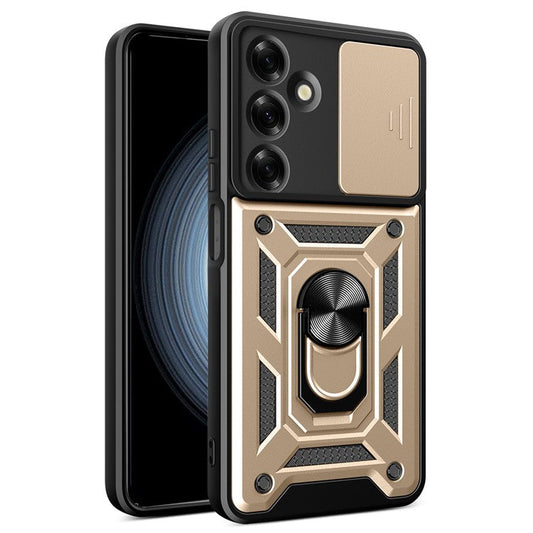 For Samsung Galaxy M35 5G Case with Slide Camera Lid PC+TPU Kickstand Phone Cover - Gold