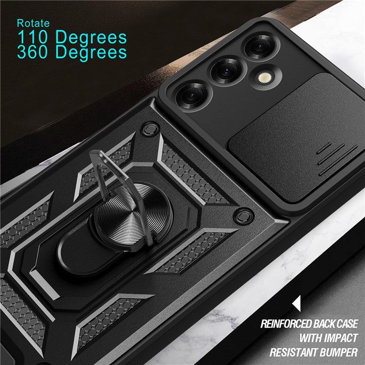 For Samsung Galaxy M35 5G Case with Slide Camera Lid PC+TPU Kickstand Phone Cover - Gold