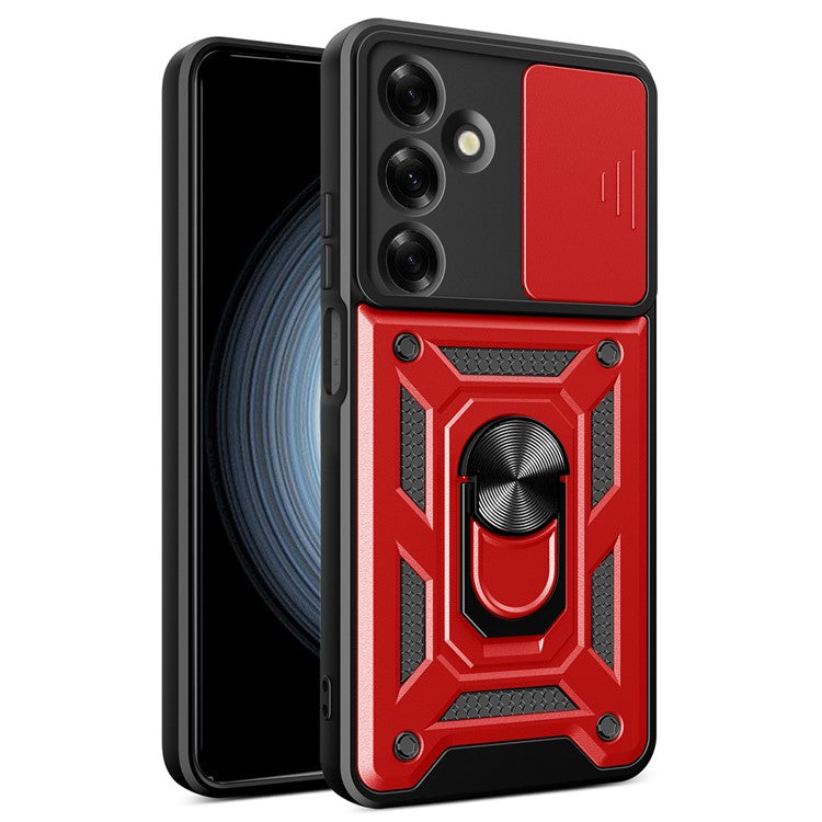 For Samsung Galaxy M35 5G Case with Slide Camera Lid PC+TPU Kickstand Phone Cover - Red
