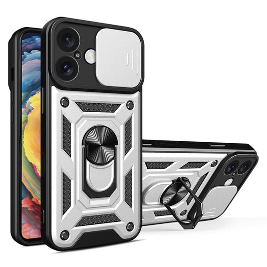 For iPhone 16 Plus Case with Slide Camera Lid PC+TPU Kickstand Phone Cover - Silver