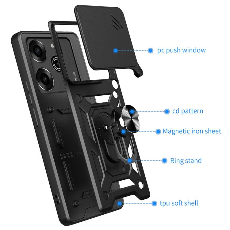 For TECNO Pova 6 Pro 5G Case with Slide Camera Lid PC+TPU Kickstand Phone Cover - Black