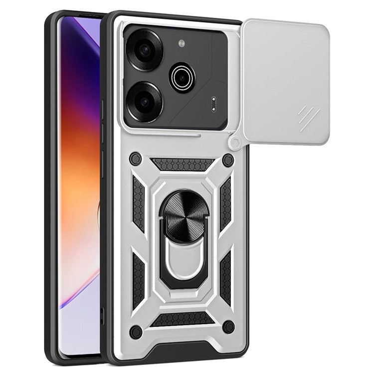 For TECNO Pova 6 Pro 5G Case with Slide Camera Lid PC+TPU Kickstand Phone Cover - Silver