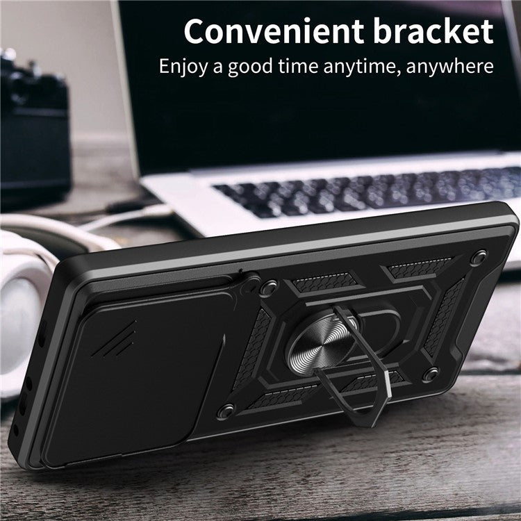 For TECNO Pova 6 Pro 5G Case with Slide Camera Lid PC+TPU Kickstand Phone Cover - Silver