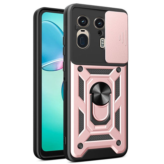 For Motorola Moto X50 Ultra 5G  /  Edge 50 Ultra 5G Case with Slide Camera Lid PC+TPU Kickstand Phone Cover - Rose Gold