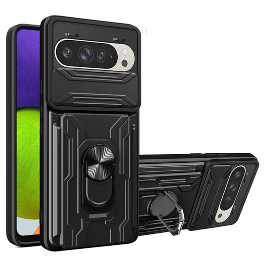 For Google Pixel 9 Pro  /  Pixel 9 Case PC+TPU Kickstand Phone Back Cover with Camera Slider - Black
