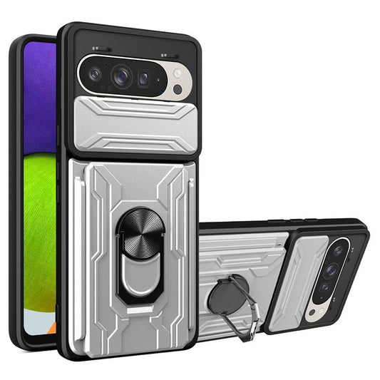 For Google Pixel 9 Pro  /  Pixel 9 Case PC+TPU Kickstand Phone Back Cover with Camera Slider - White